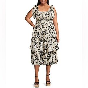 NWT Cream with Black Floral Tiered Sleeveless Plus Size Dress